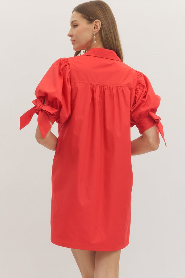 Solid Puff Sleeve Dress- Red