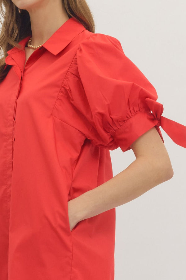 Solid Puff Sleeve Dress- Red