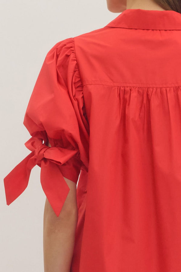 Solid Puff Sleeve Dress- Red
