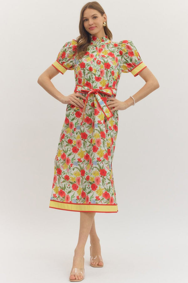 Floral Print Puff Sleeve Dress- Cream