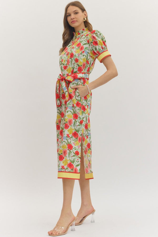 Floral Print Puff Sleeve Dress- Cream