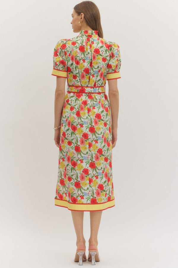 Floral Print Puff Sleeve Dress- Cream