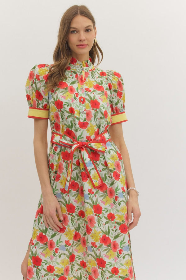 Floral Print Puff Sleeve Dress- Cream