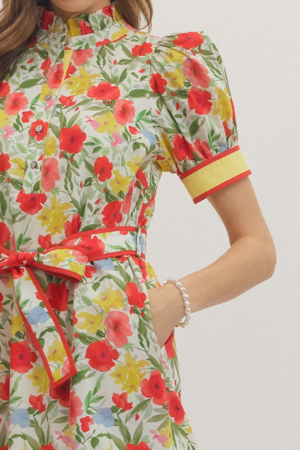 Floral Print Puff Sleeve Dress- Cream