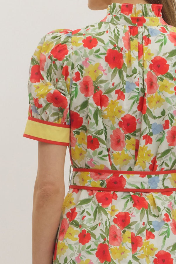 Floral Print Puff Sleeve Dress- Cream