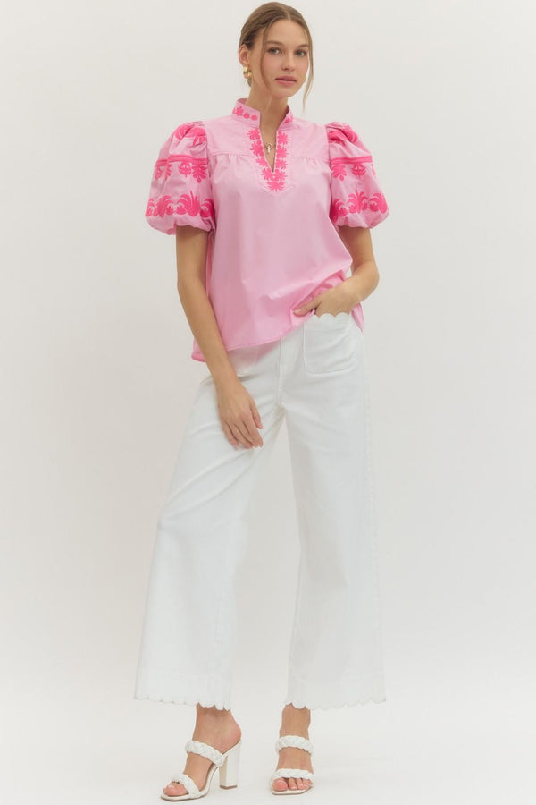 Solid Embroidered V-Neck Top- Baby Pink