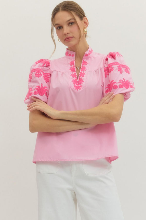 Solid Embroidered V-Neck Top- Baby Pink