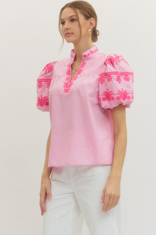 Solid Embroidered V-Neck Top- Baby Pink