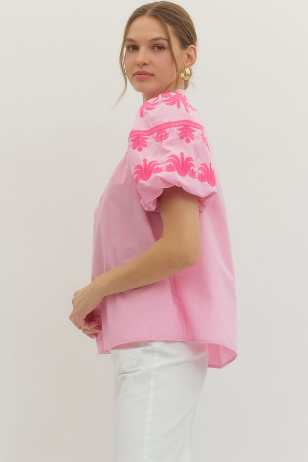 Solid Embroidered V-Neck Top- Baby Pink