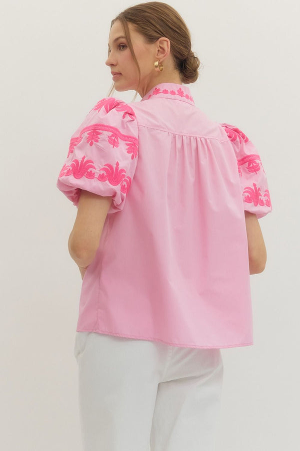 Solid Embroidered V-Neck Top- Baby Pink