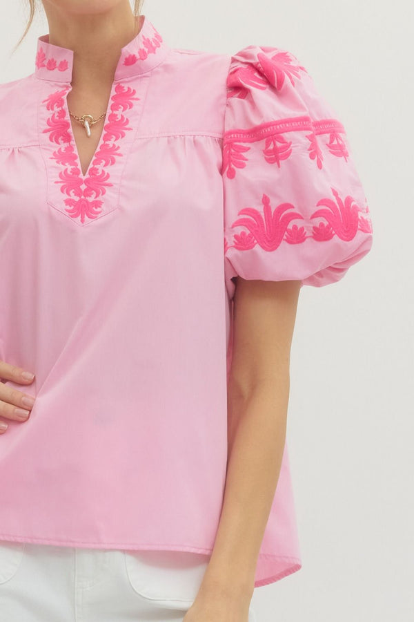 Solid Embroidered V-Neck Top- Baby Pink