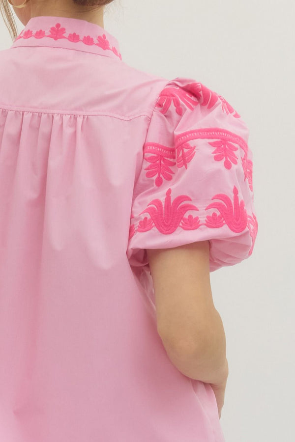 Solid Embroidered V-Neck Top- Baby Pink
