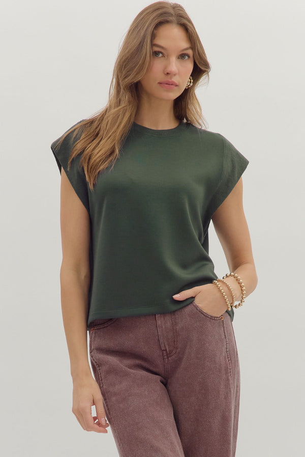 Solid Crew Neck Pullover Top- Forest