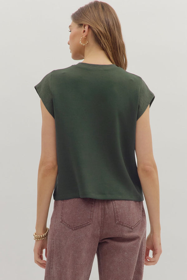 Solid Crew Neck Pullover Top- Forest
