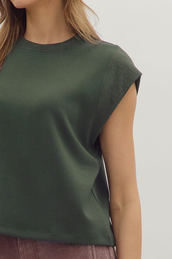 Solid Crew Neck Pullover Top- Forest