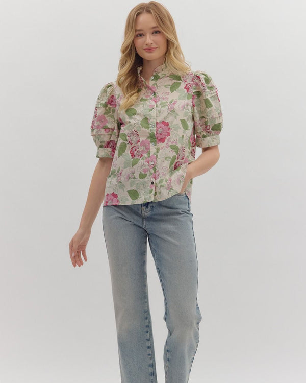 Floral Print Puff Sleeve Button-Down Top- Pink