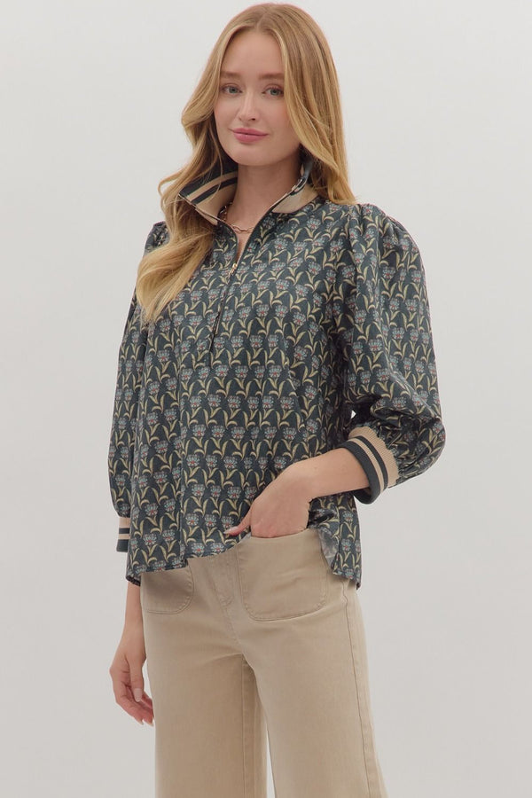 Floral Print 3/4 Puff Sleeve Top- Midnight