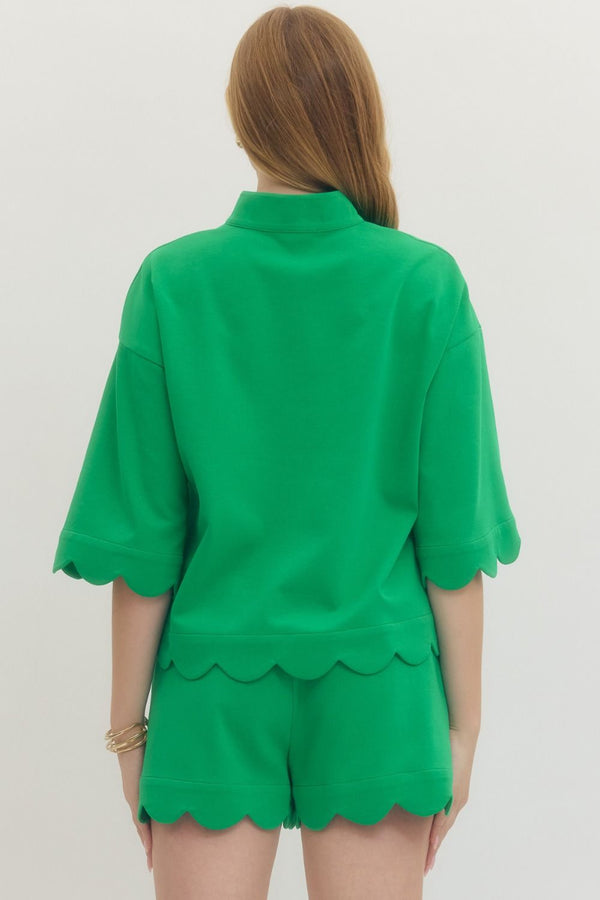 Solid Scalloped V-Neck Short Set- Green