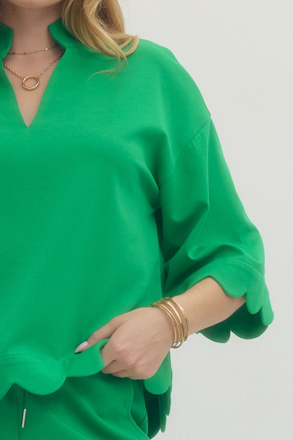 Solid Scalloped V-Neck Short Set- Green