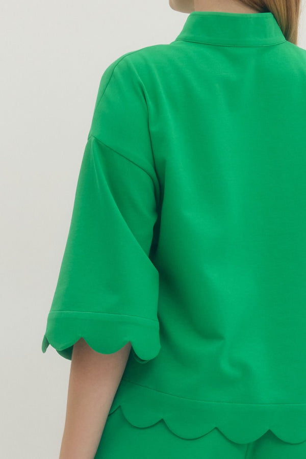 Solid Scalloped V-Neck Short Set- Green
