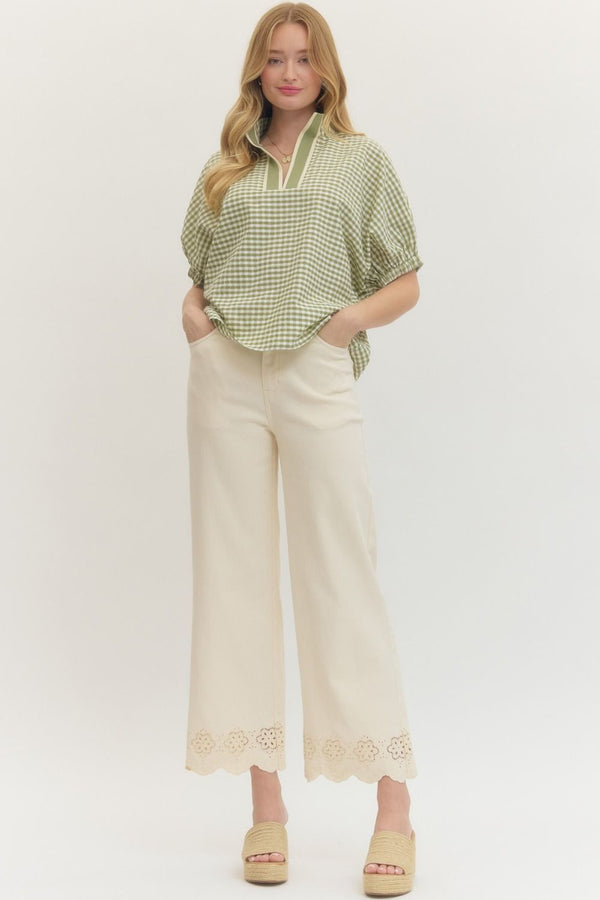 Gingham V-Neck Top- Matcha