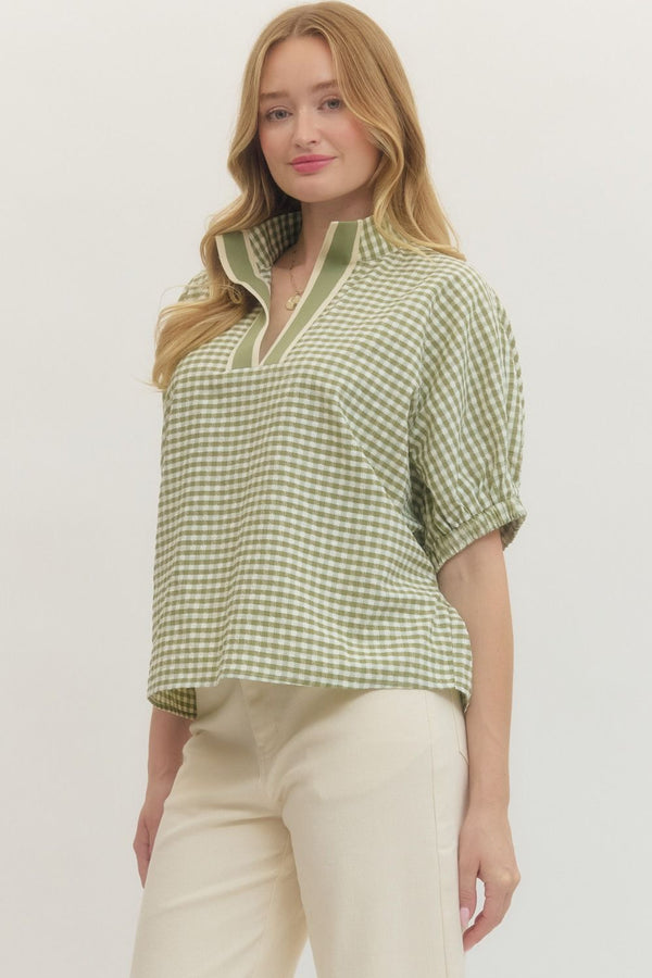Gingham V-Neck Top- Matcha