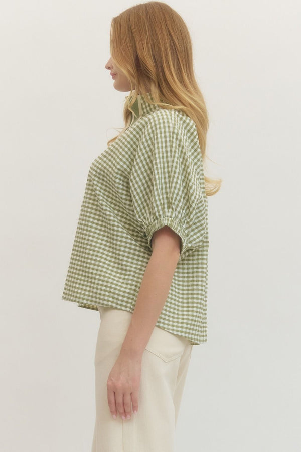 Gingham V-Neck Top- Matcha