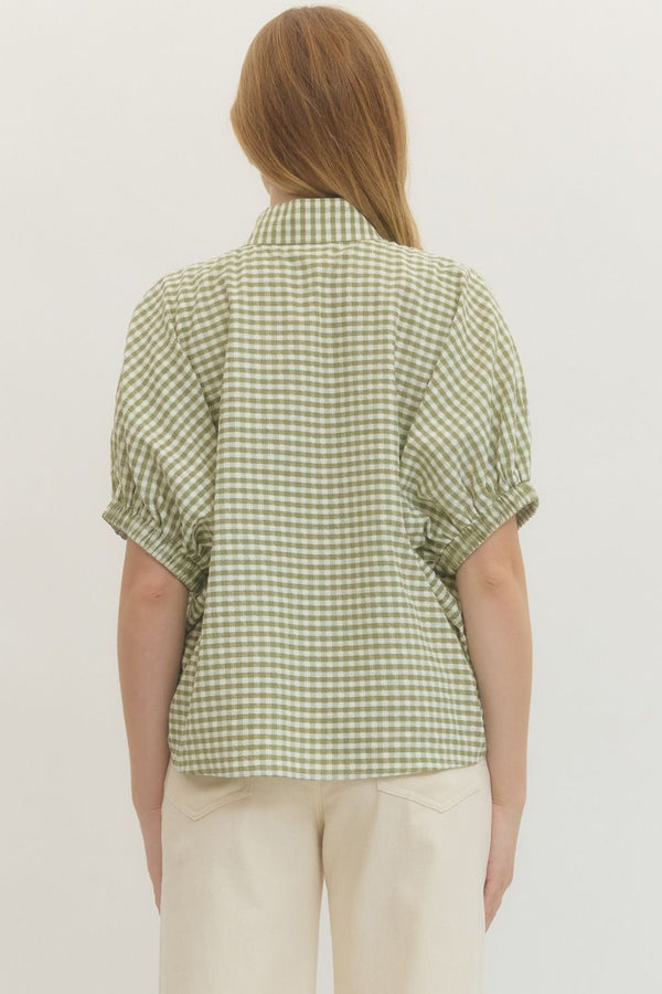 Gingham V-Neck Top- Matcha