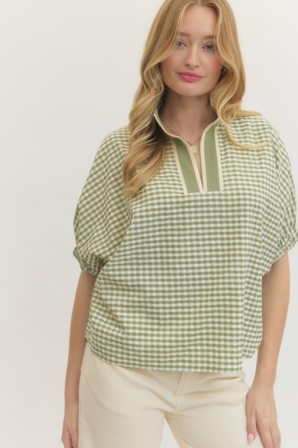 Gingham V-Neck Top- Matcha