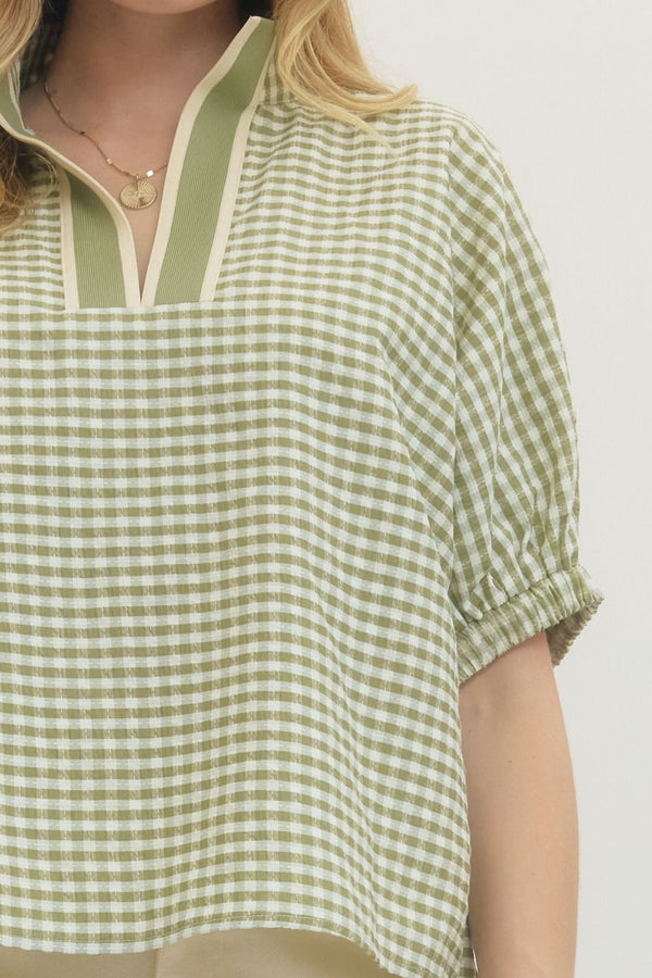 Gingham V-Neck Top- Matcha