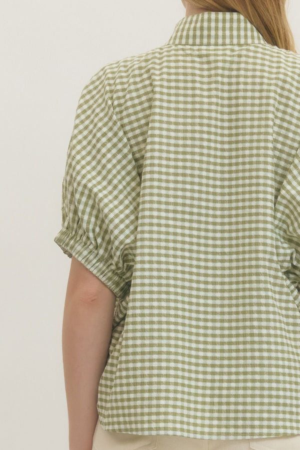 Gingham V-Neck Top- Matcha