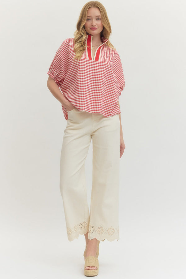Gingham V-Neck Top- Red