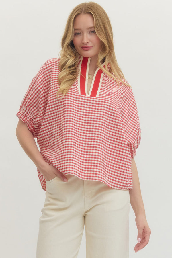 Gingham V-Neck Top- Red