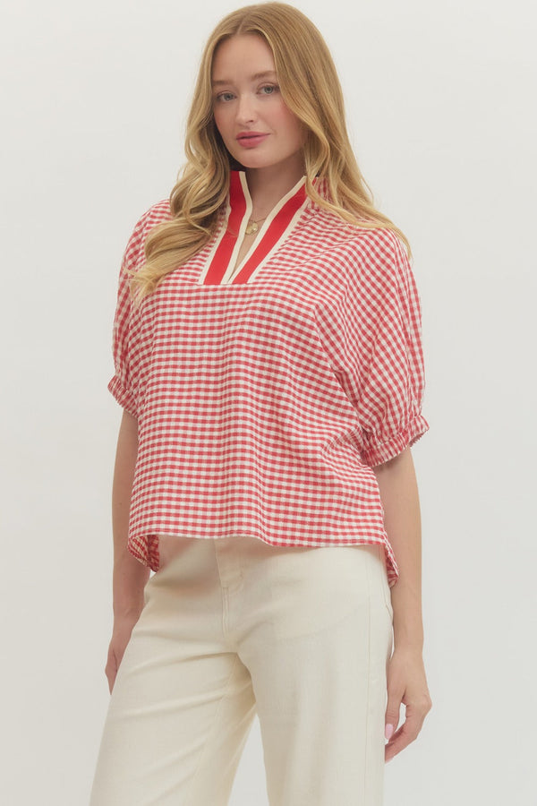 Gingham V-Neck Top- Red