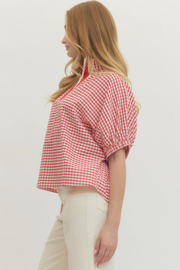 Gingham V-Neck Top- Red