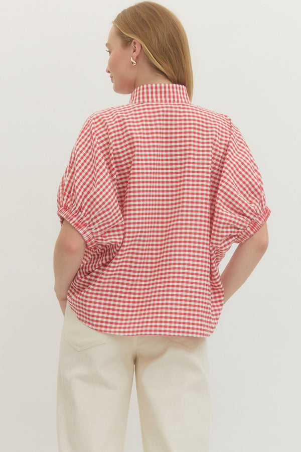 Gingham V-Neck Top- Red
