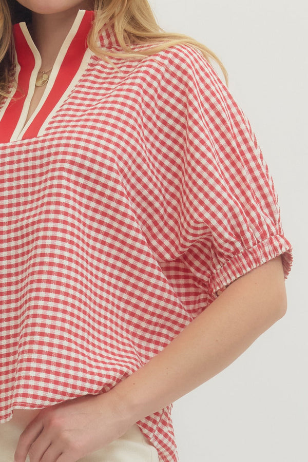 Gingham V-Neck Top- Red