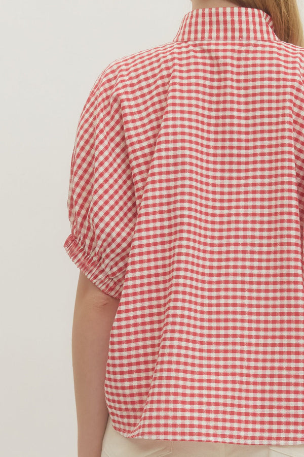 Gingham V-Neck Top- Red