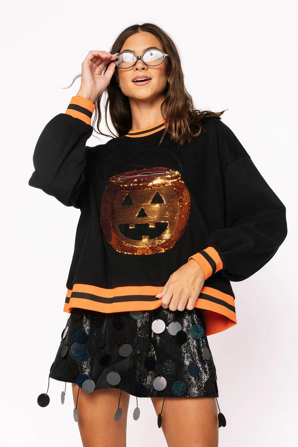 Black Halloween Pumpkin Candy Bucket Sweatshirt- (Women's)