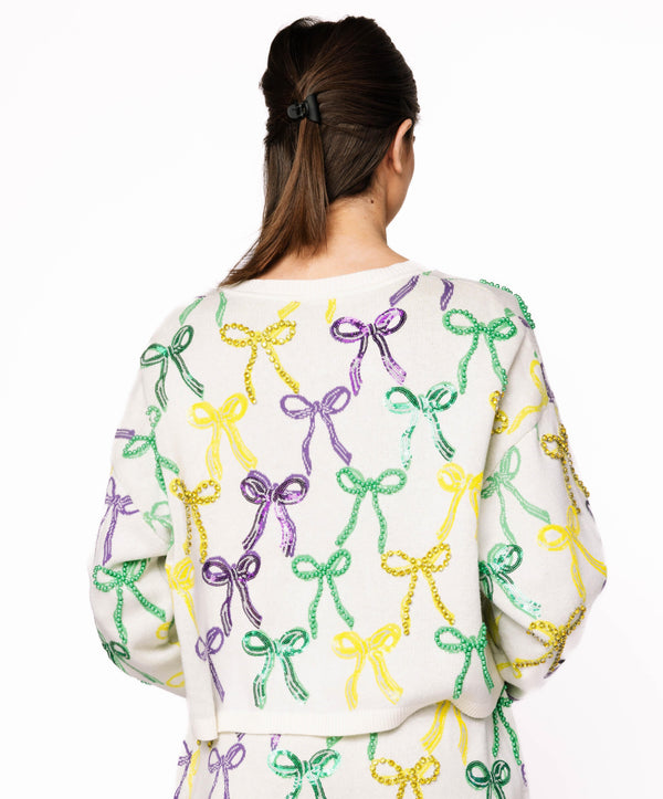 White Mardi Gras Bow Tie Up Sweater- (Women's)