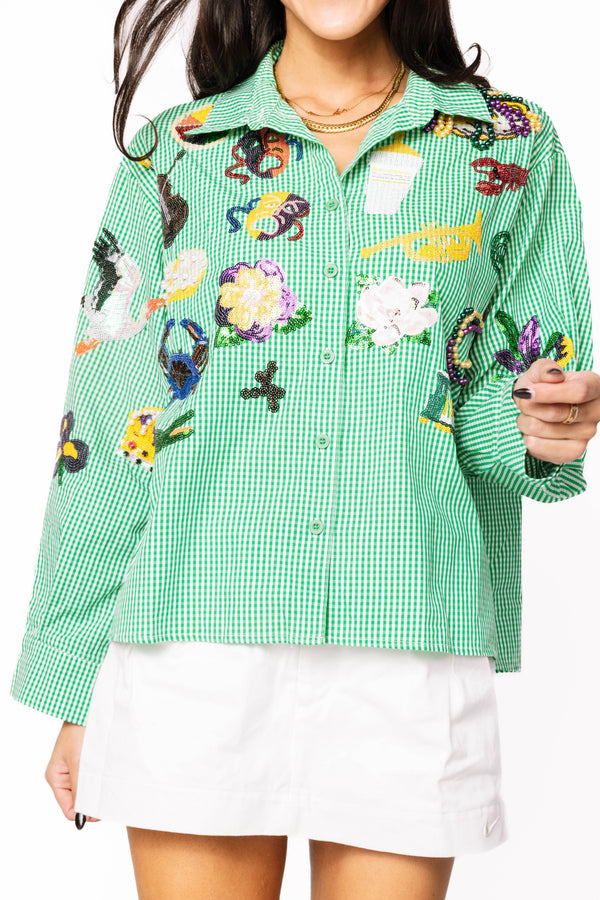 Mardi Gras Icon Button Up Cotton Top- (Women's)