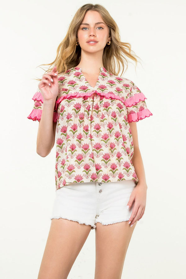 Floral Print Scallop Ruffle Top- Beige