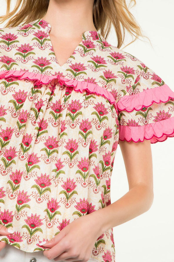 Floral Print Scallop Ruffle Top- Beige