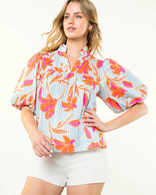 Striped Floral Puff Sleeve Top- Light Blue
