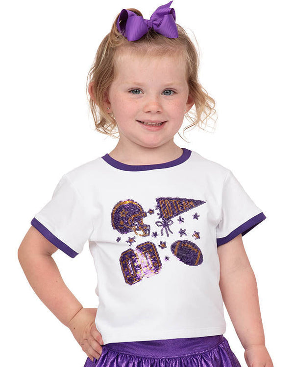 Sequin Football Elements Boxy T- Tigers Purple/Gold